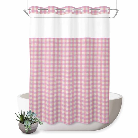 No Hook Shower Curtain, Pink Shower Curtains for Bathroom with See Through Top Window, Grid Checkered Plaid Gingham Lattice Trellis Waterproof & Washable Bath Curtain 60"x72"