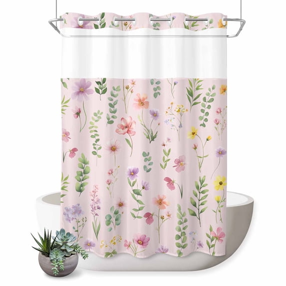 No Hook Shower Curtain, Pink Spring Floral Shower Curtains for Bathroom with See Through Top Window, Flowers Botanical Elegant Pastoral Waterproof & Washable Bath Curtain Stall 48"x72"