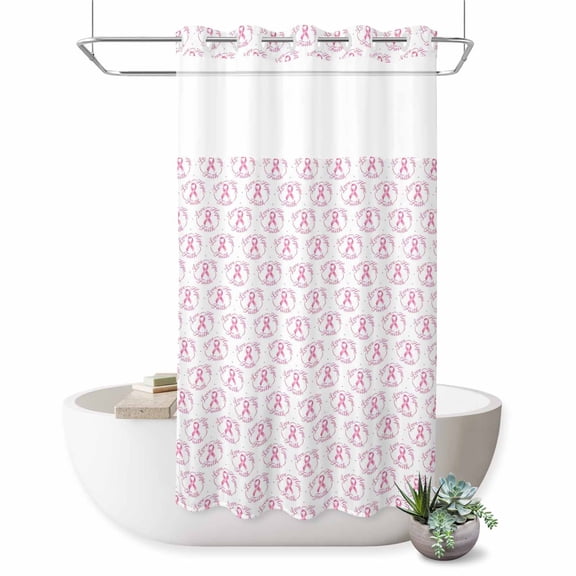 No Hook Shower Curtain, Pink String Shower Curtains for Bathroom with See Through Top Window, Spring Breast Cancer Awareness Waterproof & Washable Bath Curtain Small Stall 36"x78"