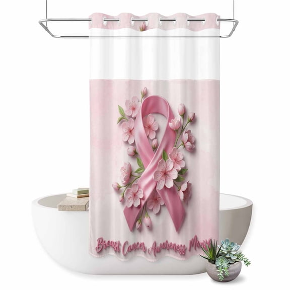 No Hook Shower Curtain, Pink String Shower Curtains for Bathroom with See Through Top Window, Spring Chic Flowers Breast Cancer Awareness Waterproof & Washable Bath Curtain Stand Up Stall 36"x72"
