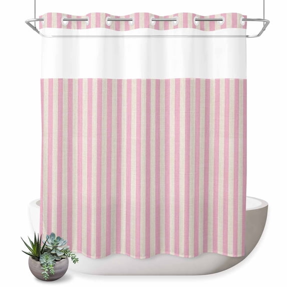 No Hook Shower Curtain, Pink Striped Shower Curtains for Bathroom with See Through Top Window, Modern Simple Farmhouse Beige Vintage Waterproof & Washable Bath Curtain Long 72"x78"