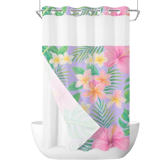 No Hook Shower Curtain, Pink Tropical Flowers Small Shower Curtains with Snap in Liner, Purple Summer Green Palm Leaves Waterproof Washable Fabric Bathroom Curtain Set, 36" x 78"