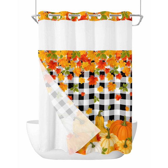 No Hook Shower Curtain, Plaid Fall Stall Bathroom Curtains with Snap in Liner, Thanksgiving Red Orange Pumpkins Leaves Waterproof Washable Fabric Shower Curtain Set, 48" x 72"