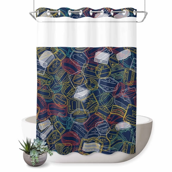 No Hook Shower Curtain, Postmarks Shower Curtains for Bathroom with See Through Top Window, Navy Blue Retro Hand-Painted Abstract Art Waterproof & Washable Bath Curtain 60"x72"