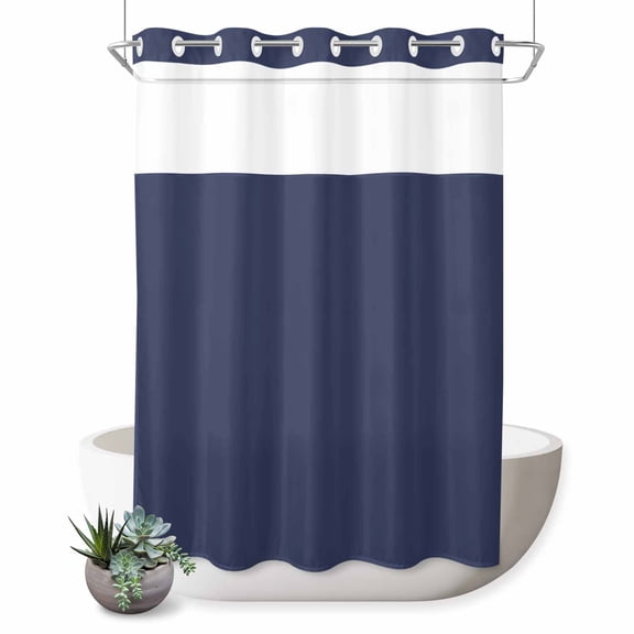 No Hook Shower Curtain, Pure Dark Blue Shower Curtains for Bathroom with See Through Top Window, Simple Solid Color Waterproof & Washable Bath Curtain Stall 48"x72"