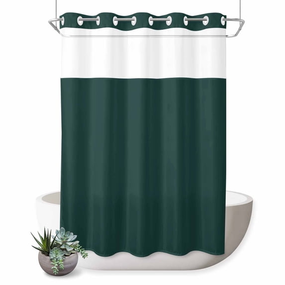 No Hook Shower Curtain, Pure Dark Green Shower Curtains for Bathroom with See Through Top Window, Simple Solid Color Waterproof & Washable Bath Curtain 60"x72"