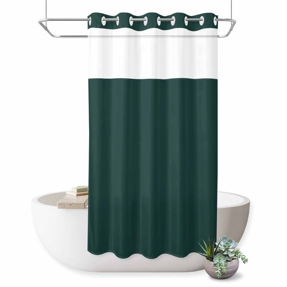 No Hook Shower Curtain, Pure Dark Green Shower Curtains for Bathroom with See Through Top Window, Simple Solid Color Waterproof & Washable Bath Curtain Stand Up Stall 36"x72"