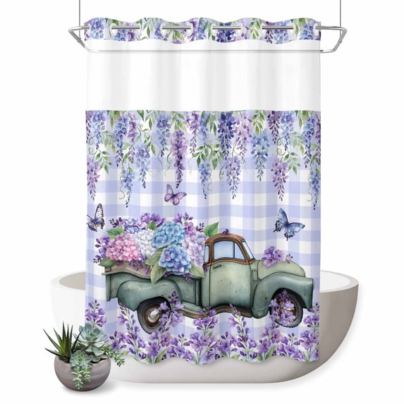 No Hook Shower Curtain, Purple Flowers Shower Curtains for Bathroom with See Through Top Window, Weeping Spring Floral Truck Butterfly Checkered Waterproof & Washable Bath Curtain Extra Long 72"x96"