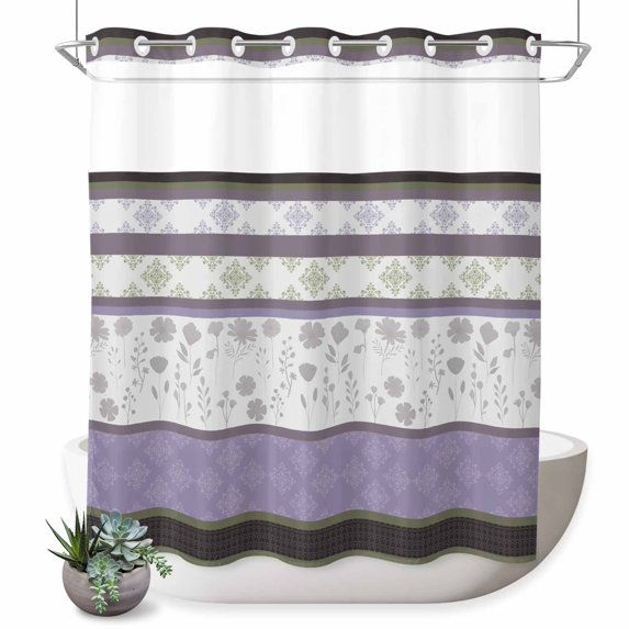 No Hook Shower Curtain, Purple Geometric Shower Curtains for Bathroom with See Through Top Window, Stripes Boho Spring Flowers Country Rural Waterproof & Washable Bath Curtain Long 72"x78"