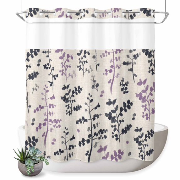 No Hook Shower Curtain, Purple Grey Botanical Shower Curtains for Bathroom with See Through Top Window, Rustic Country Spring Floral Summer Leaf Waterproof & Washable Bath Curtain 66"x72"