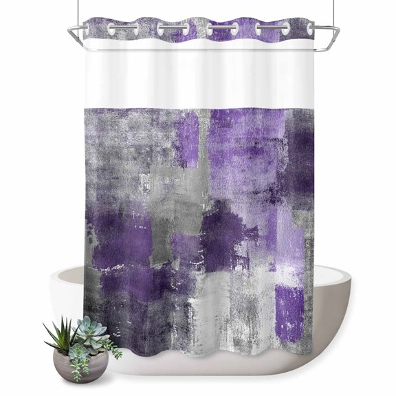 No Hook Shower Curtain, Purple Grey Shower Curtains for Bathroom with See Through Top Window, Modern Oil Painted Abstract Art Aesthetics Waterproof & Washable Bath Curtain 60"x72"