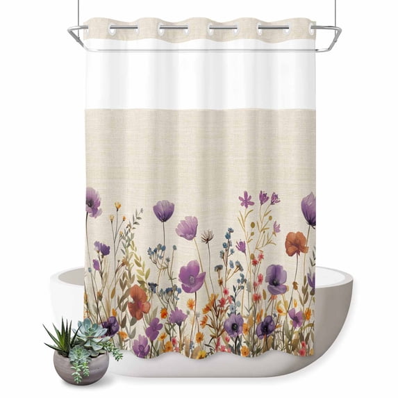 No Hook Shower Curtain, Purple Red Spring Floral Shower Curtains for Bathroom with See Through Top Window, Watercolor Botanical Summer Flowers Waterproof & Washable Bath Curtain Stall 48"x72"