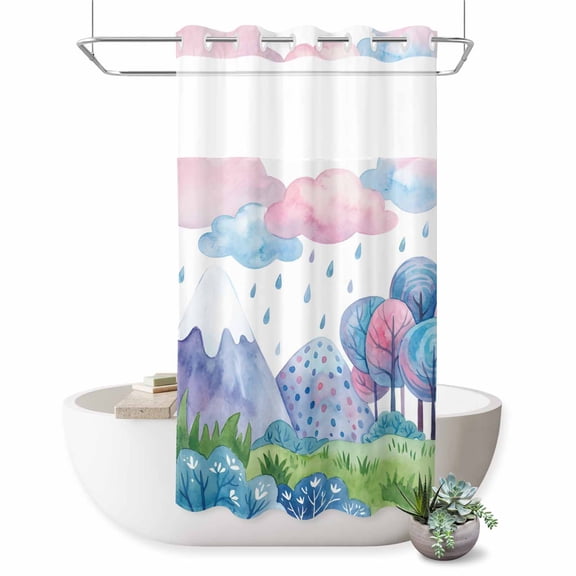 No Hook Shower Curtain Rain Drop Could Shower Curtain for Bathroom Forest Tree Mountain Grassland Bath Curtains Waterproof Fabric with See Through Top Window for Spa Hotel 36x72 Inch