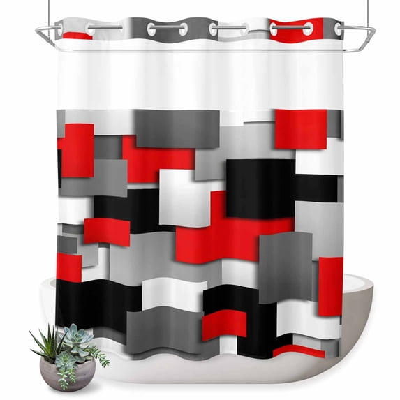 No Hook Shower Curtain, Red Black Geometric Shower Curtains for Bathroom with See Through Top Window, Modern Abstract Art Block Waterproof & Washable Bath Curtain 66"x72"