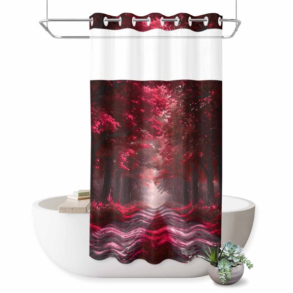 No Hook Shower Curtain Red Forest Shower Curtain for Bathroom Nature Tree Woods Bath Curtains Waterproof Fabric with See Through Top Window for Spa Hotel 36x72 Inch