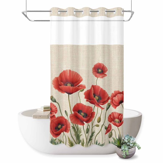 No Hook Shower Curtain, Red Poppy Shower Curtains for Bathroom with See Through Top Window, Spring Summer Farmhouse Flowers Rustic Burlap Waterproof & Washable Bath Curtain Narrow 54"x78"