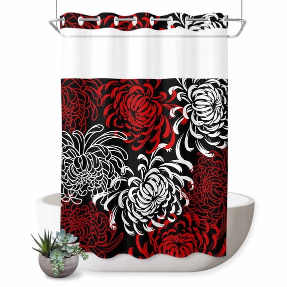 No Hook Shower Curtain, Red White Shower Curtains for Bathroom with See Through Top Window, Abstract Black Chrysanthemum Flower Floral Waterproof & Washable Bath Curtain Stall 48"x72"