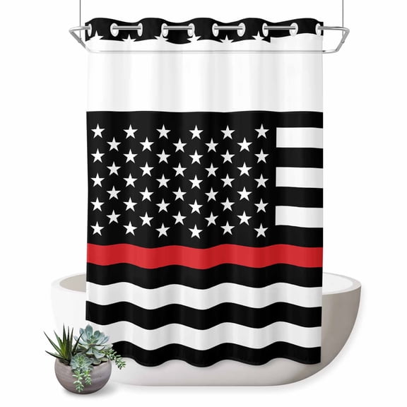 No Hook Shower Curtain, Red White Stripe Fireman American Flag Shower Curtains for Bathroom with See Through Top Window, Fire Fighter USA Flags Waterproof & Washable Bath Curtain 60"x72"