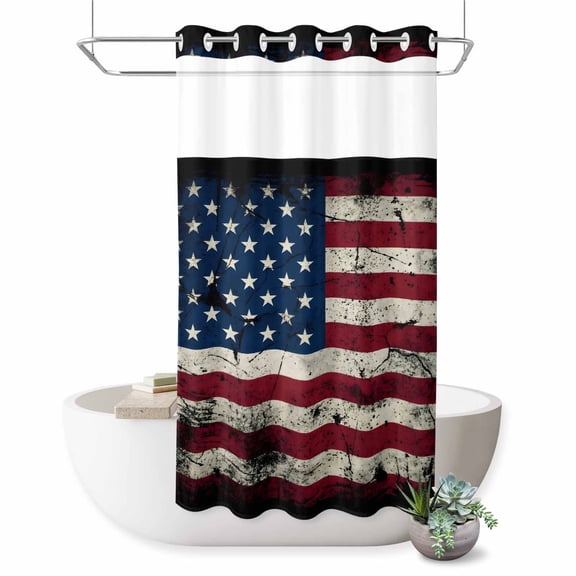 No Hook Shower Curtain, Retro American Flag Shower Curtains for Bathroom with See Through Top Window, Blue Red USA Flag Vintage Waterproof & Washable Bath Curtain Stand Up Stall 36"x72"