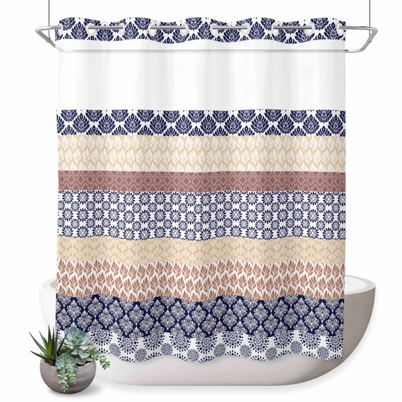 No Hook Shower Curtain, Retro Boho Geometric Stripes Waterproof Shower Curtains See Through Top Window, Bohemian Tribal Floral Hotel Luxury Bathroom Curtain 72x72in