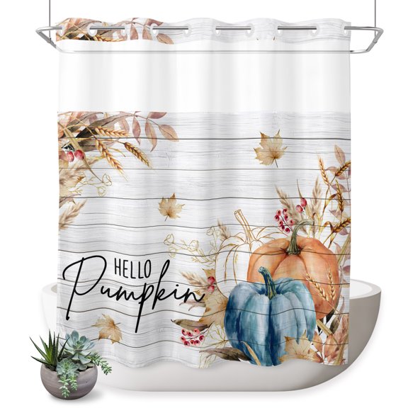 No Hook Shower Curtain, Retro Fall Wheat Shower Curtains for Bathroom with See Through Top Window, Thanksgiving Pumpkin Leaves Wood Grain Waterproof & Washable Bath Curtain Long 72"x78"