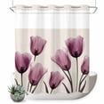 thumbnail image 1 of No Hook Shower Curtain, Rose Red Tulip Shower Curtains for Bathroom with See Through Top Window, Vintage Beige Spring Pastoral Flower Waterproof & Washable Bath Curtain 66"x72", 1 of 9