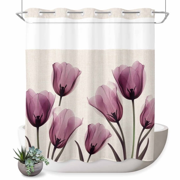 No Hook Shower Curtain, Rose Red Tulip Shower Curtains for Bathroom with See Through Top Window, Vintage Beige Spring Pastoral Flower Waterproof & Washable Bath Curtain 66"x72"