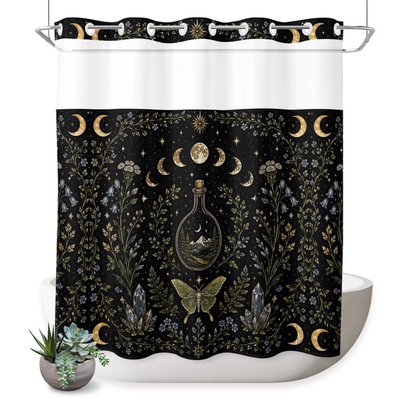 No Hook Shower Curtain, Rustic Flowers Leaves Shower Curtains for Bathroom with See Through Top Window, Farmhouse Moon Star Botanical Butterfly Waterproof & Washable Bath Curtain Standard 72"x72"