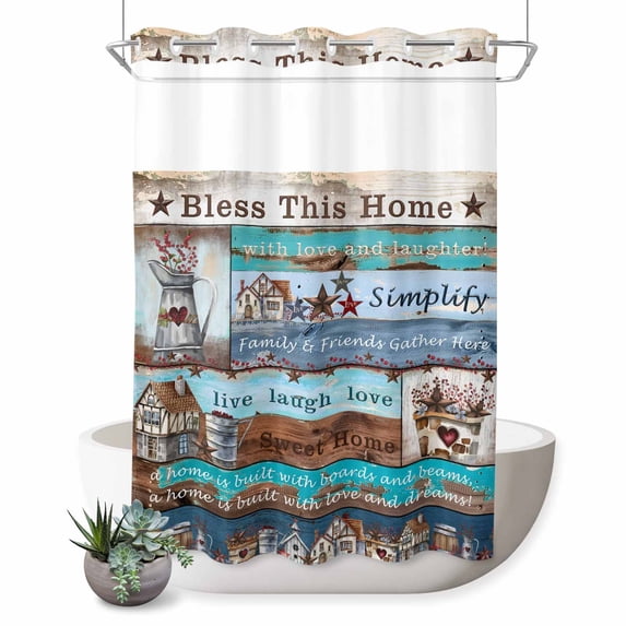 No Hook Shower Curtain, Rustic Star Farm Shower Curtains for Bathroom with See Through Top Window, American Country Berry Wood Grain Waterproof & Washable Bath Curtain Extra Long 72"x84"