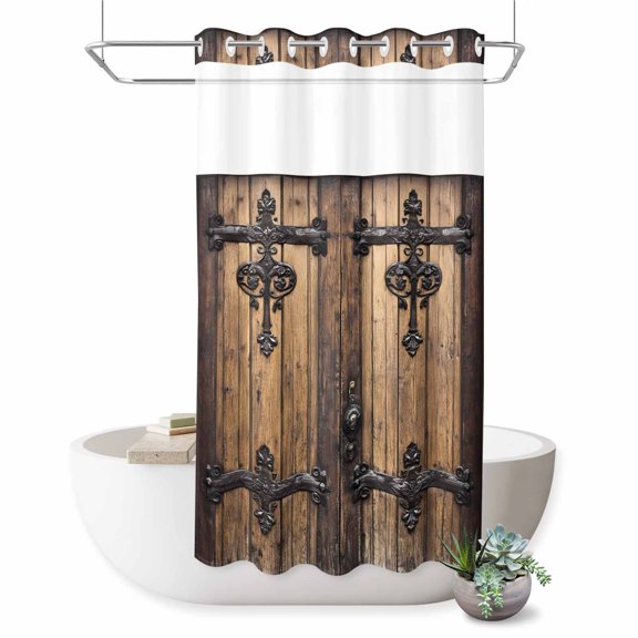 No Hook Shower Curtain, Rustic Wooden Door Shower Curtains for Bathroom with See Through Top Window, Brown Black Farmhouse Country Vintage Waterproof & Washable Bath Curtain Stand Up Stall 36"x72"