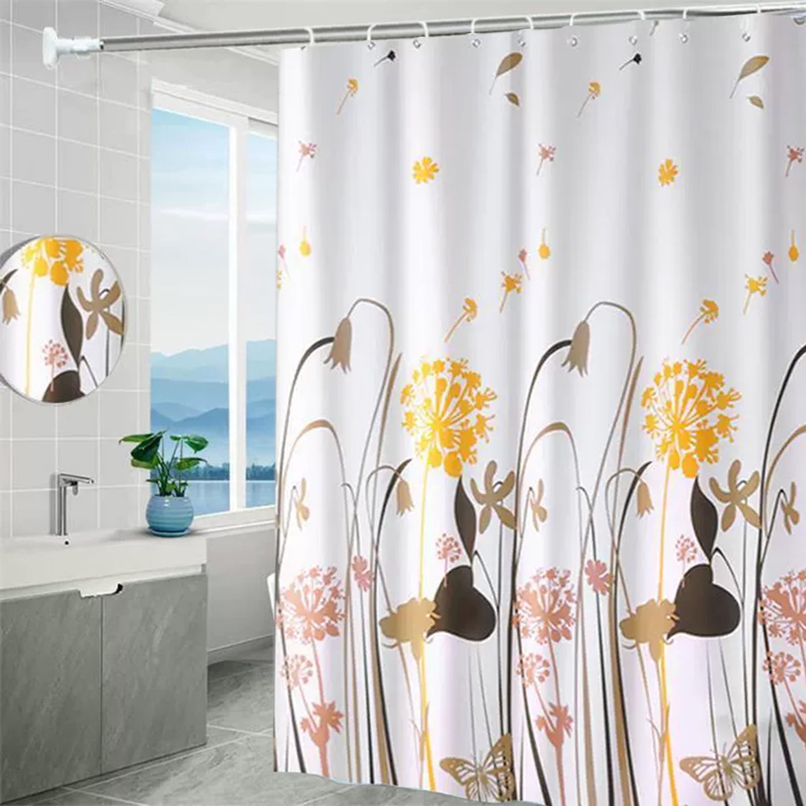 No Hook Shower Curtain with Rustproof Grommets and 8 Hook Floral