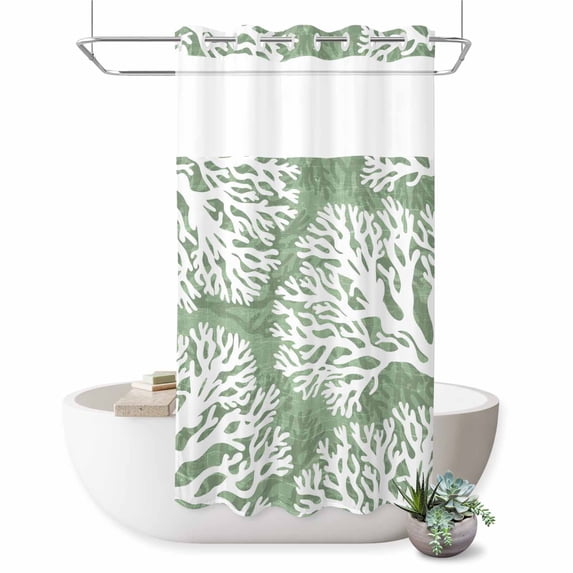 No Hook Shower Curtain, Sage Green Coral Coastal Shower Curtains for Bathroom with See Through Top Window, White Summer Beach Seaside Ocean Waterproof & Washable Bath Curtain Stand Up Stall 36"x72"
