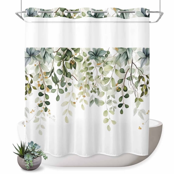 No Hook Shower Curtain, Sage Green Eucalyptus Leaves Shower Curtains for Bathroom with See Through Top Window, Spring Botanical Floral Waterproof & Washable Bath Curtain 66"x72"