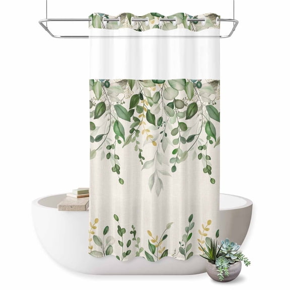 No Hook Shower Curtain, Sage Green Eucalyptus Shower Curtains for Bathroom with See Through Top Window, Farmhouse Weeping Leaves Linen Waterproof & Washable Bath Curtain Stand Up Stall 36"x72"