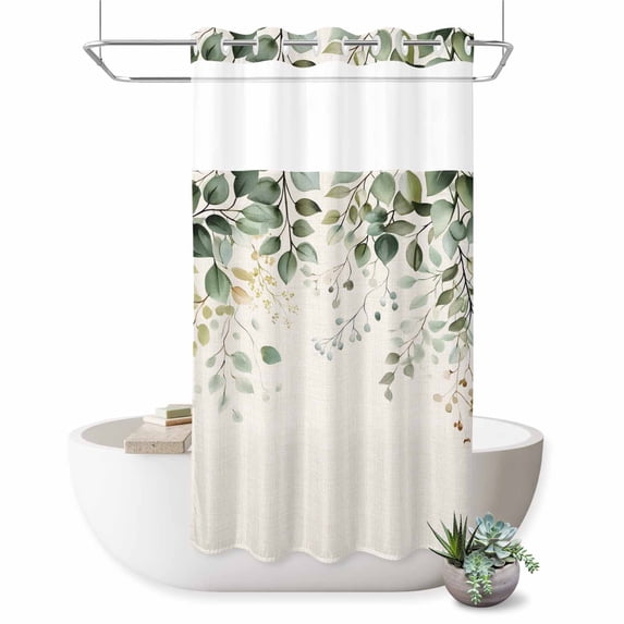 No Hook Shower Curtain, Sage Green Eucalyptus Shower Curtains for Bathroom with See Through Top Window, Traditional Tree Branch Leaf Plant Waterproof & Washable Bath Curtain Stand Up Stall 36"x72"