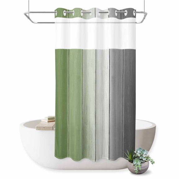 No Hook Shower Curtain, Sage Green Gray Ombre Shower Curtains for Bathroom with See Through Top Window, Vintage Country Wooden Waterproof & Washable Bath Curtain Stand Up Stall 36"x72"