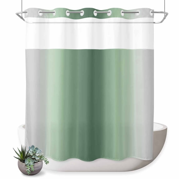 No Hook Shower Curtain, Sage Green Grey Ombre Shower Curtains for Bathroom with See Through Top Window, Farmhouse Gradient Minimalist Waterproof & Washable Bath Curtain Standard 72"x72"