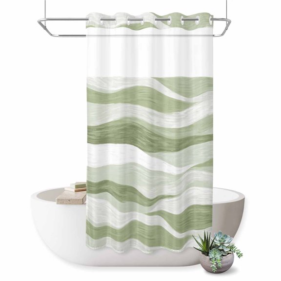 No Hook Shower Curtain Sage Green Ocean Waves Shower Curtain for Bathroom Abstract Mountain Stripes Bath Curtains Waterproof Fabric with See Through Top Window for Spa Hotel 36x72 Inch