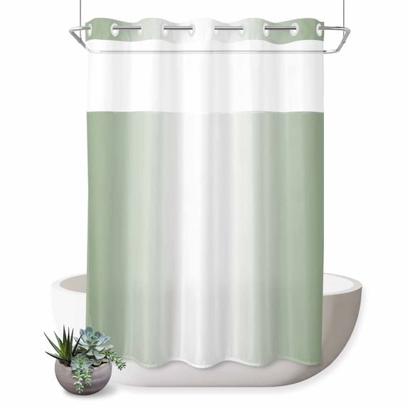 No Hook Shower Curtain, Sage Green Ombre Shower Curtains for Bathroom with See Through Top Window, Sage Green White Gradient Modern Waterproof & Washable Bath Curtain Extra Long 72"x96"