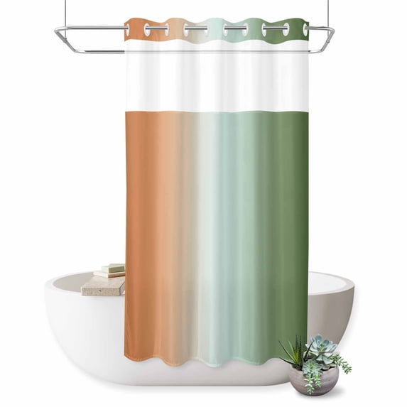 No Hook Shower Curtain, Sage Green Orange Ombre Shower Curtains for Bathroom with See Through Top Window, Abstract Modern Art Aesthetics Waterproof & Washable Bath Curtain Small Stall 36"x78"