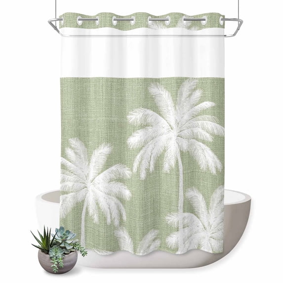 No Hook Shower Curtain, Sage Green Palm Trees Shower Curtains for Bathroom with See Through Top Window, Farmhouse Tropical Summer Beach Waterproof & Washable Bath Curtain Stall 48"x72"