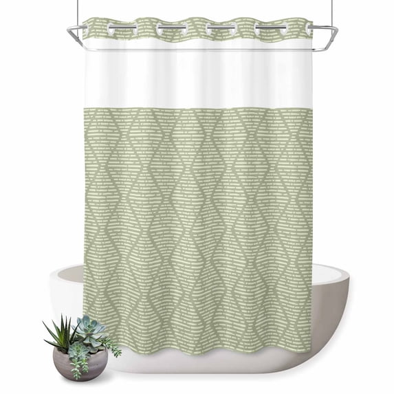 No Hook Shower Curtain, Sage Green Shower Curtains for Bathroom with See Through Top Window, Modern Abstract Art Farmhouse Waterproof & Washable Bath Curtain Stall 48"x72"