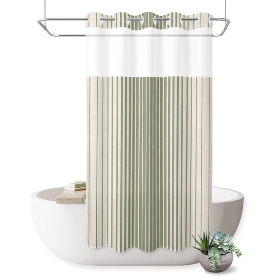 No Hook Shower Curtain, Sage Green Striped Shower Curtains for Bathroom with See Through Top Window, Farmhouse Beige Stripes Vintage Rustic Waterproof & Washable Bath Curtain Narrow 54"x78"