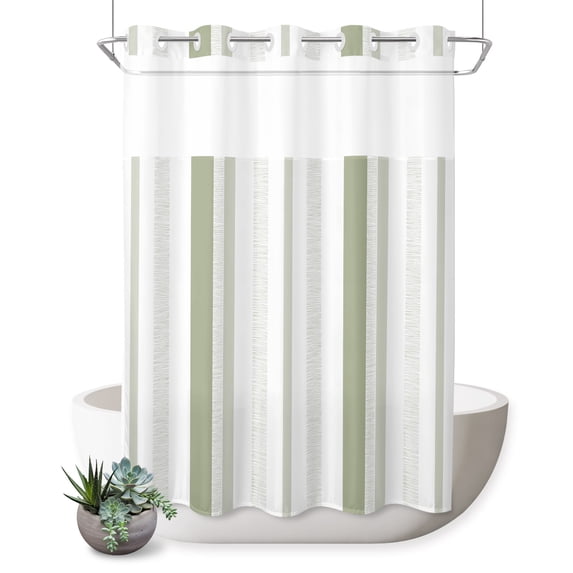 No Hook Shower Curtain, Sage Green Striped Shower Curtains for Bathroom with See Through Top Window, Modern Minimalist Lines Art Waterproof & Washable Bath Curtain Stall 48"x72"
