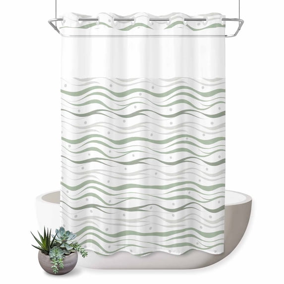 No Hook Shower Curtain, Sage Green Stripes Shower Curtains for Bathroom with See Through Top Window, Modern Simple Gradient Waves Lines Waterproof & Washable Bath Curtain 60"x72"