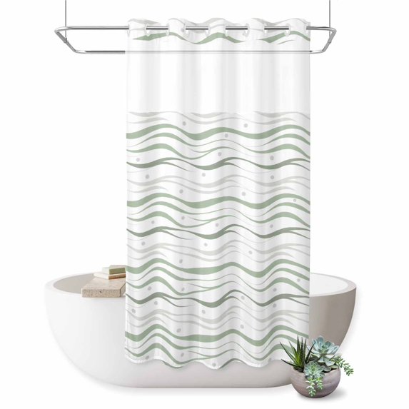No Hook Shower Curtain, Sage Green Stripes Shower Curtains for Bathroom with See Through Top Window, Modern Simple Gradient Waves Lines Waterproof & Washable Bath Curtain Stand Up Stall 36"x72"