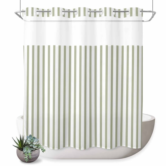 No Hook Shower Curtain, Sage Green Vertical Striped Shower Curtains for Bathroom with See Through Top Window, Farmhouse Thin Line Stripes Waterproof & Washable Bath Curtain Standard 72"x72"