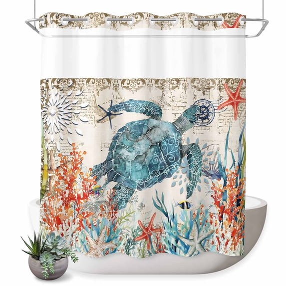 No Hook Shower Curtain, Sea Turtle Coastal Shower Curtains for Bathroom with See Through Top Window, Vintage Beach Coral Starfish Nautical Waterproof & Washable Bath Curtain Long 72"x78"