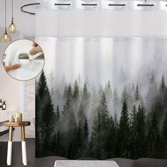 No Hook Shower Curtain Set Blue Black Misty Forest Shower Curtain Sets Luxury Hotel Style with See Through Top Window, Fabric Shower Curtain , Blue, 72" Wx72 L
