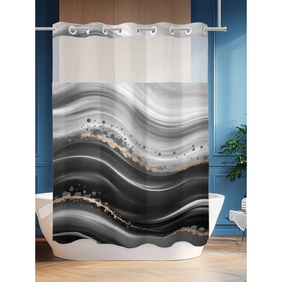 No Hook Shower Curtain Set with Snap in Liner, Abstract Bending Striped Waterproof Bathroom Curtain with See Through Top Window, Black Gradient Wave Pattern Double Shower Curtains for Bathtub